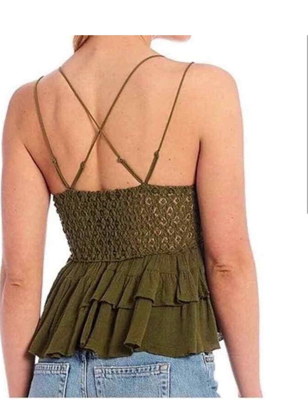 Free People Adella Cami Medium Lace Ruffled Tank Top in Olive Sparrow color - Picture 2 of 2